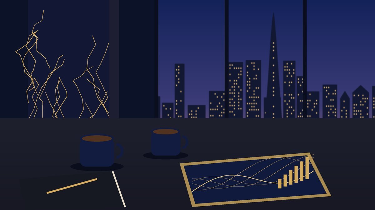 Illustration of a meeting table with a tablet showing abstract market charts and two coffee cups overlooking Downtown Dubai