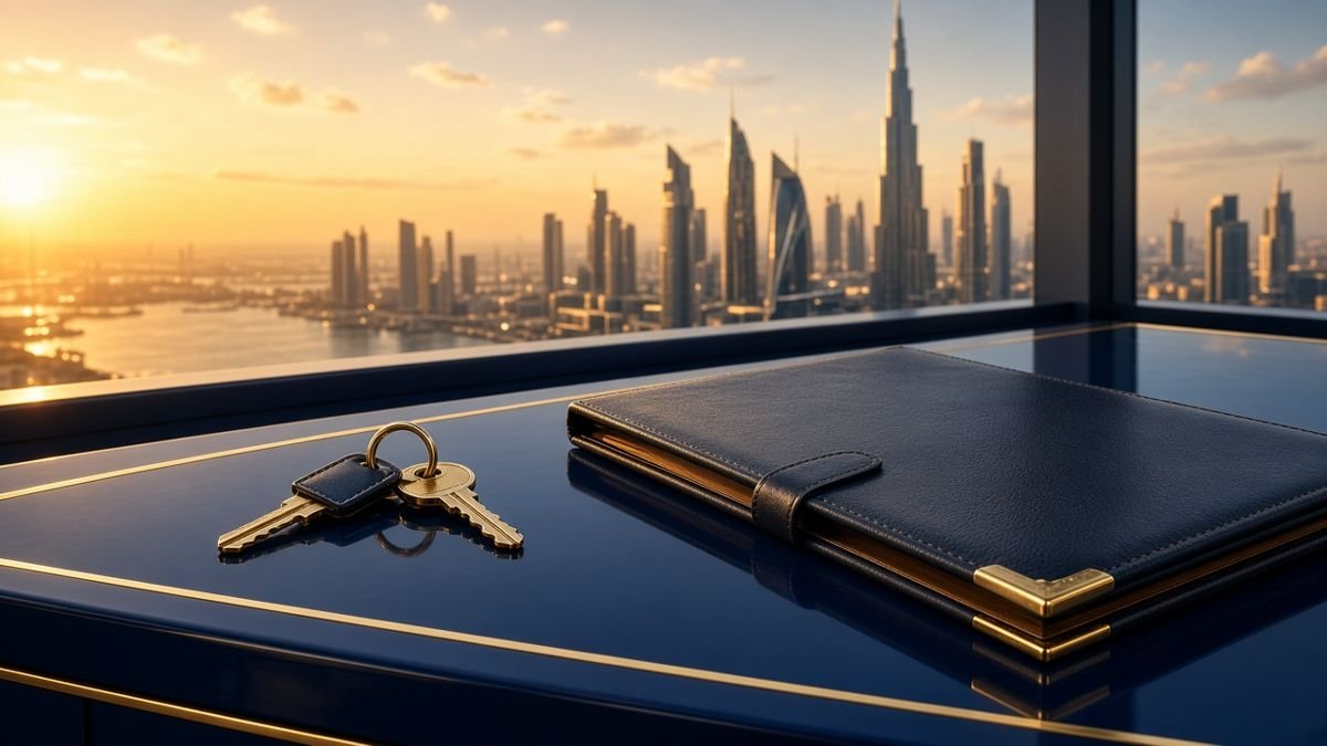 Illustration of property keys and a contract folder in a Dubai brokerage office ready for a new agent