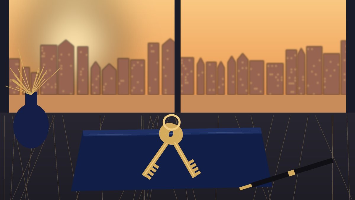 Illustration of apartment keys resting on a navy finance folder on a desk with Dubai towers in the background, representing mortgage-backed purchases