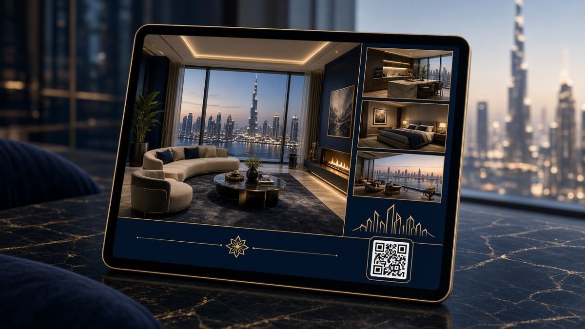 Illustration of a Dubai property listing advert with a QR code for advertising permit verification