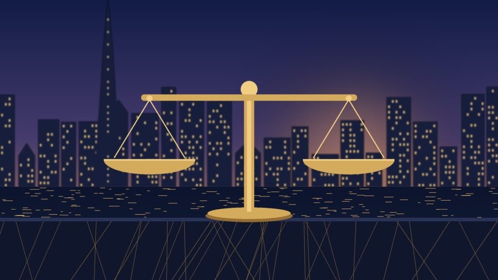 Illustration of a gold balance scale on a marble ledge in front of the Dubai skyline at dusk, symbolising a stabilising property market