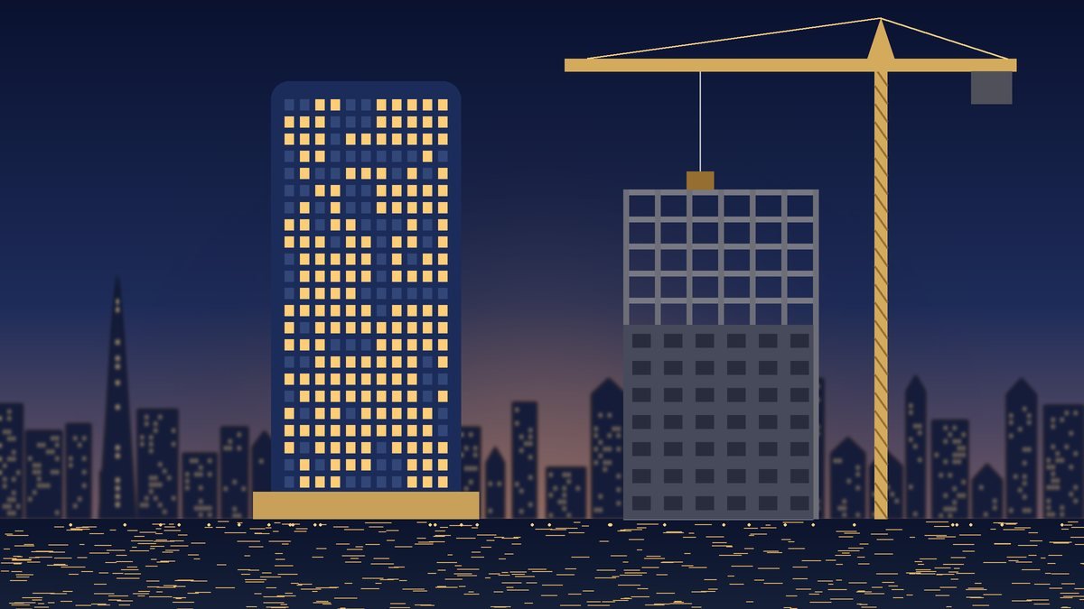 Illustration of a completed Dubai residential tower beside a tower under construction with a crane, showing ready and off-plan property