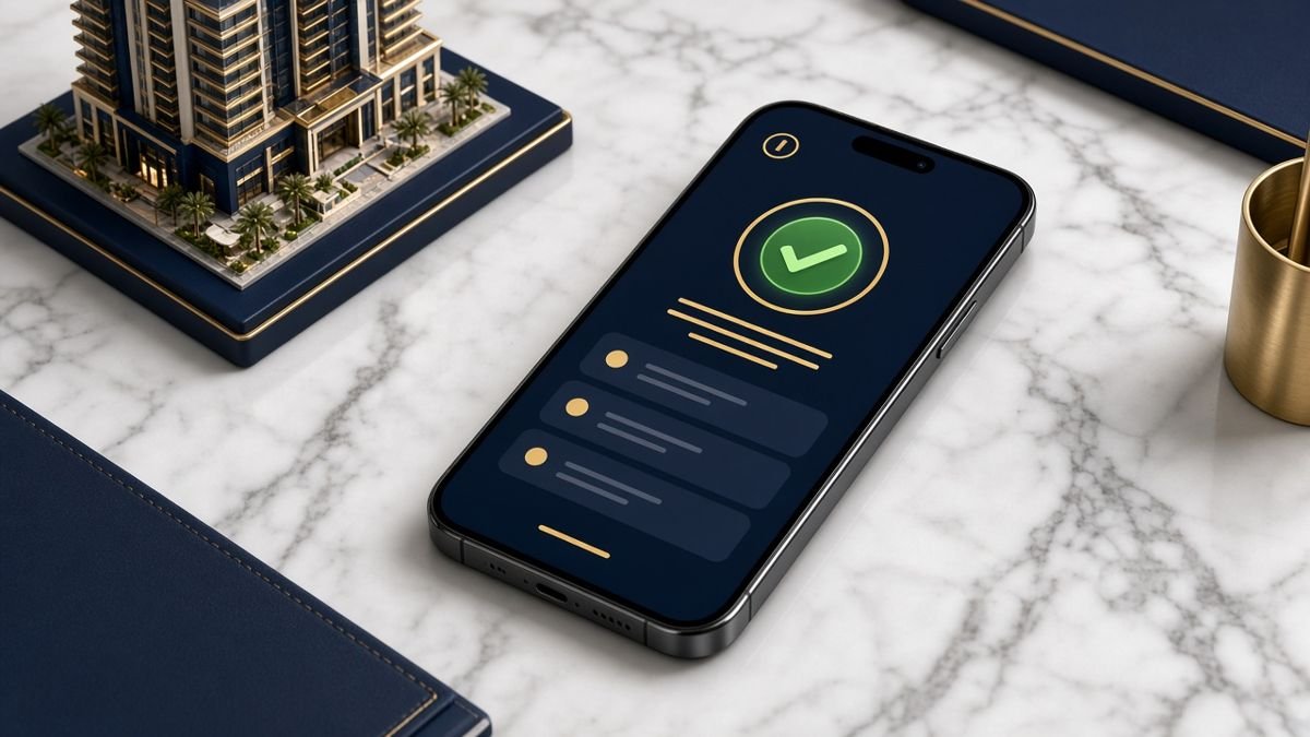 Illustration of a smartphone showing digital approval of a property marketing contract between owner and broker