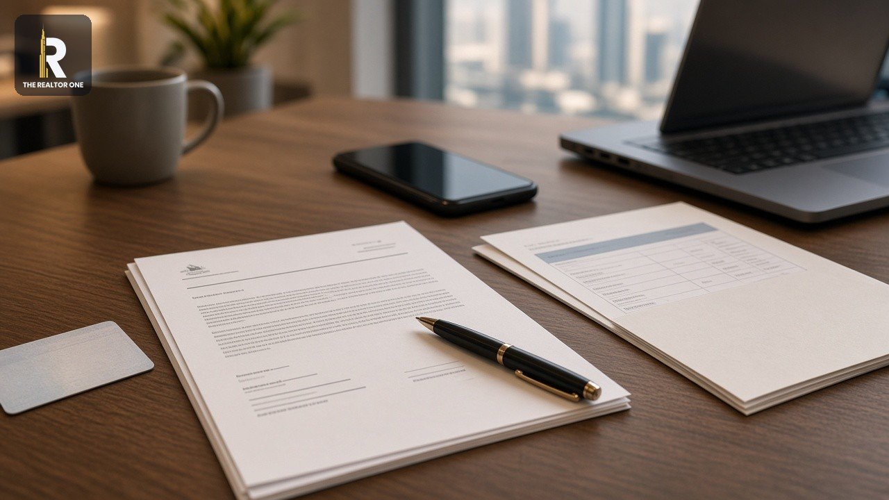 Tenancy contract, ID card and documents on a desk ready for Ejari registration in Dubai