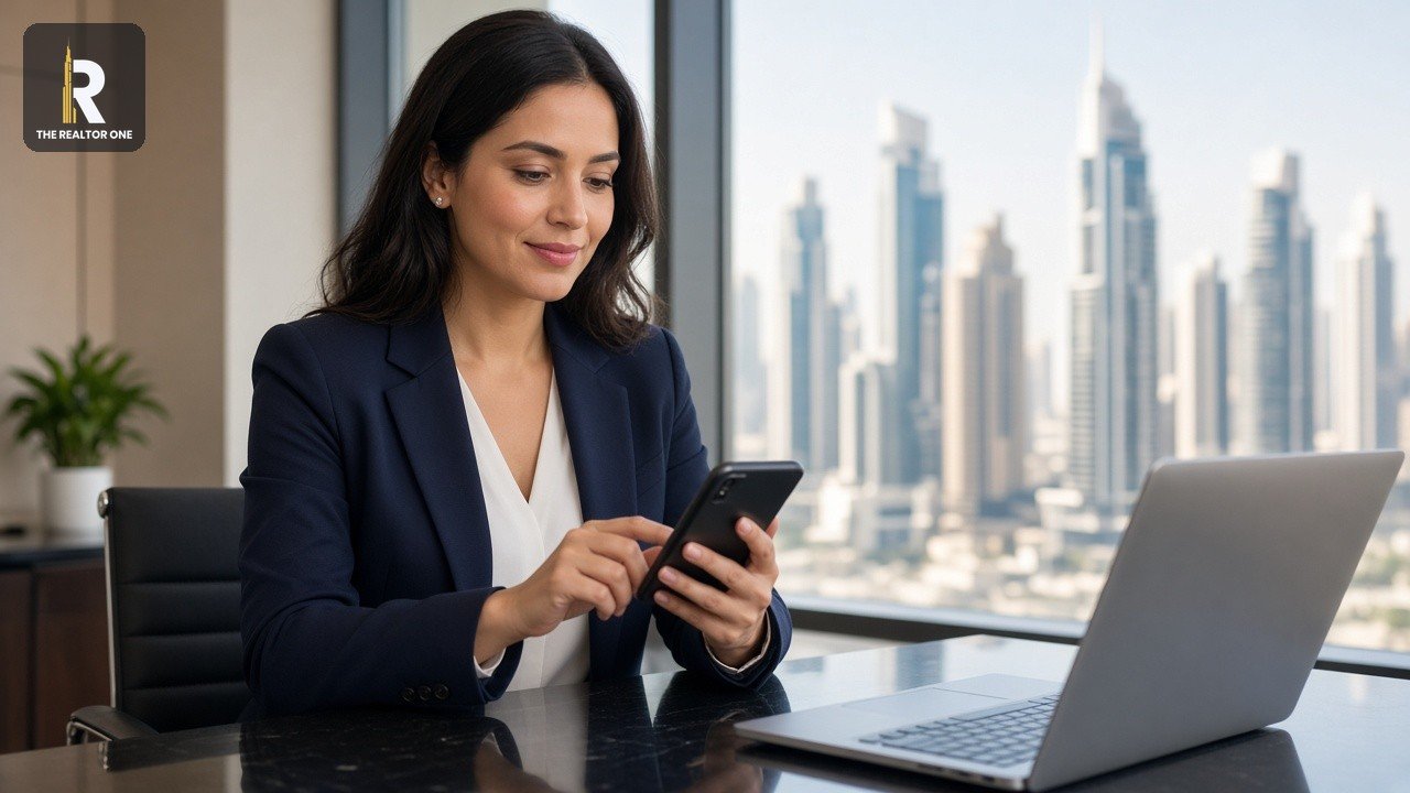 Real estate agent registering Ejari online on a smartphone in a Dubai office