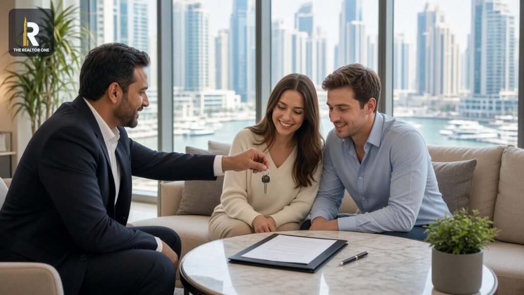 Dubai real estate agent handing apartment keys to tenants after Ejari registration, Dubai Marina view