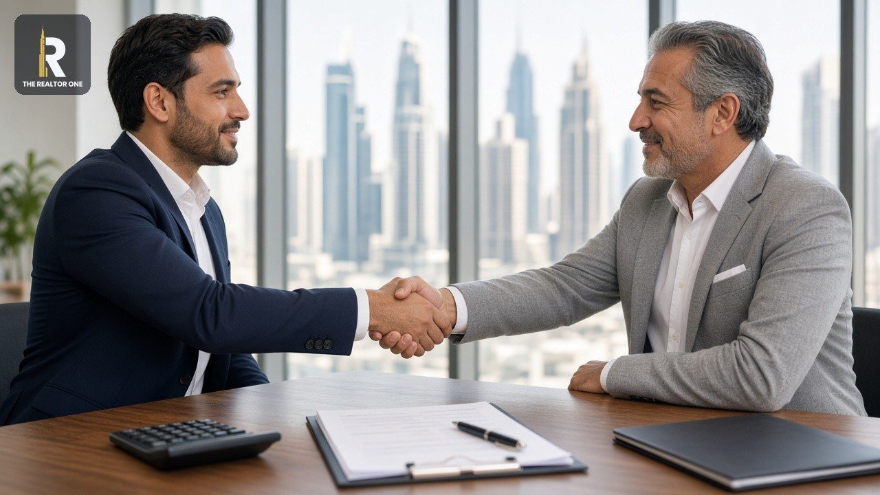 Dubai agent and landlord shaking hands over a lease renewal and Ejari renewal