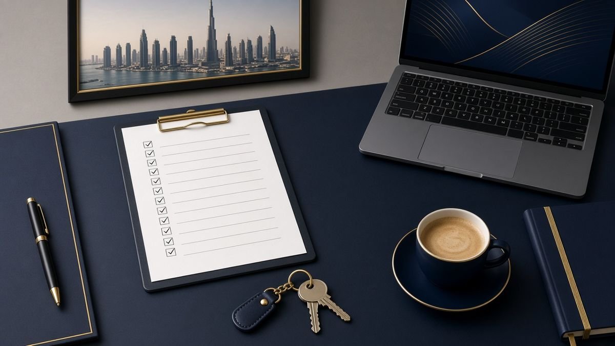 Illustration of a compliance checklist clipboard on a real estate agent's desk