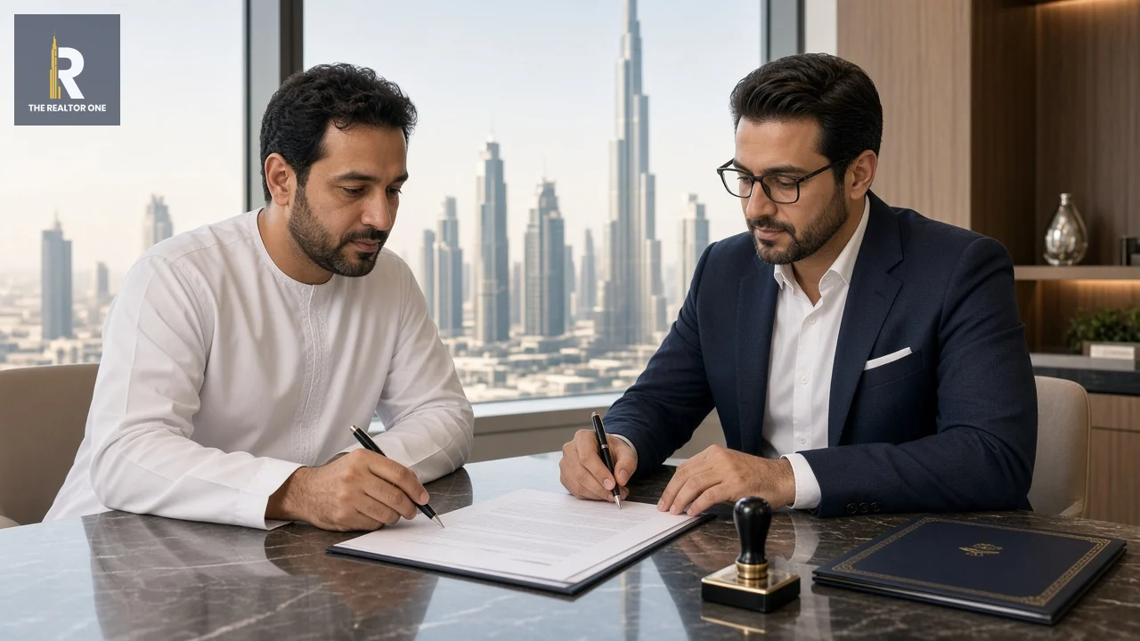 Property owner and Dubai broker signing a Form A listing agreement with the title deed