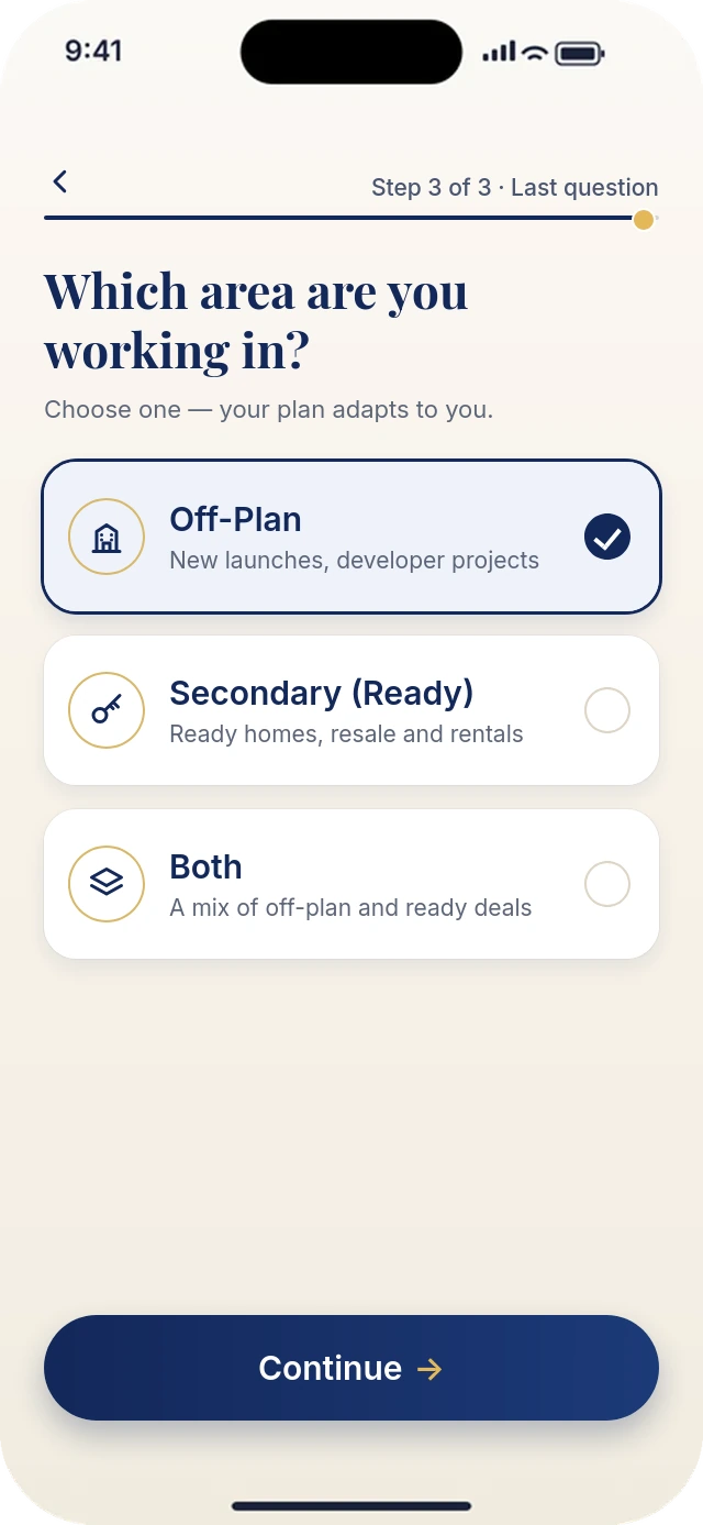 Rainmaker app quiz step asking which area you are working in: Off-Plan, Secondary (Ready) or Both