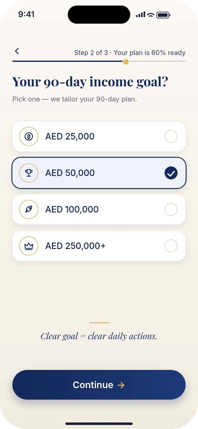 Rainmaker app step asking for your 90-day income goal