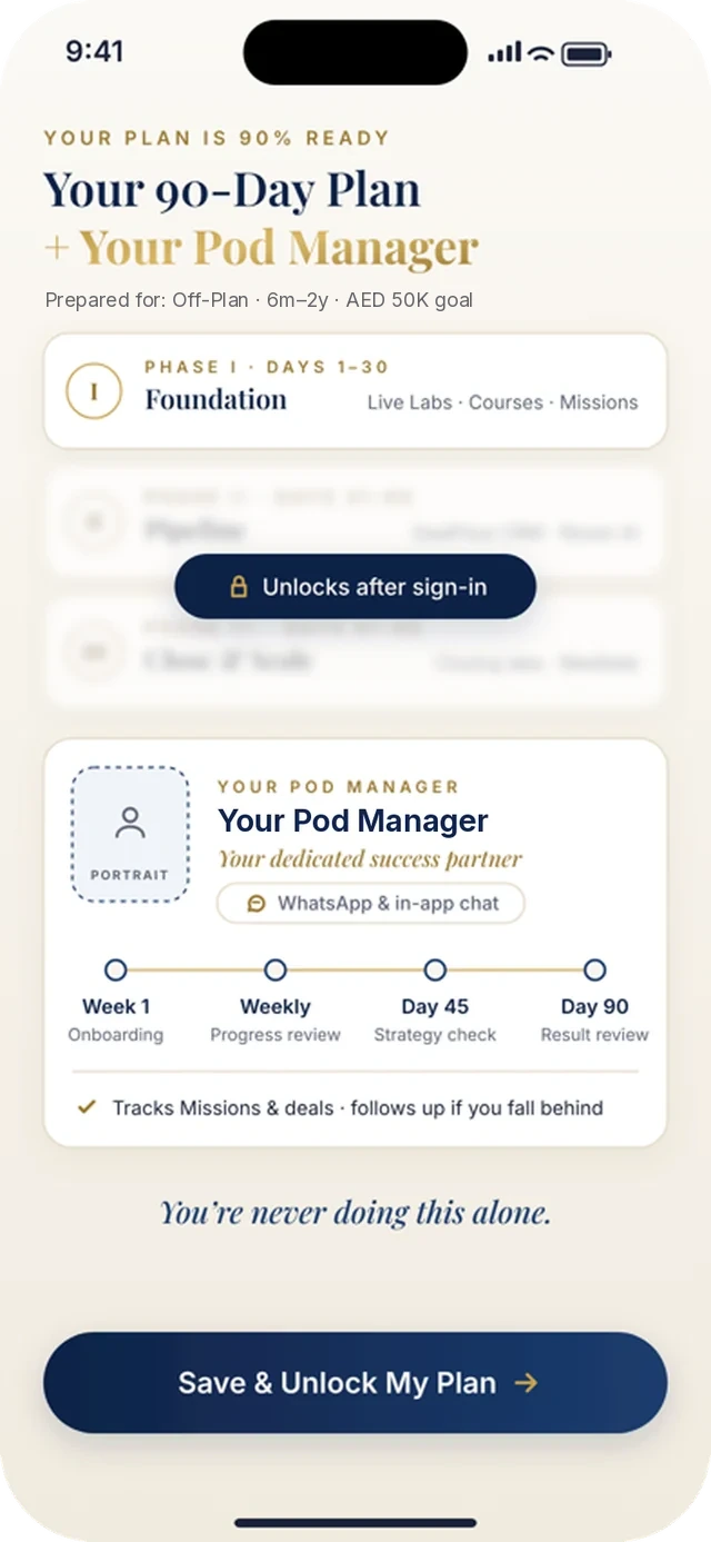Rainmaker app showing your 90-day plan and your Pod Manager (sample preview)