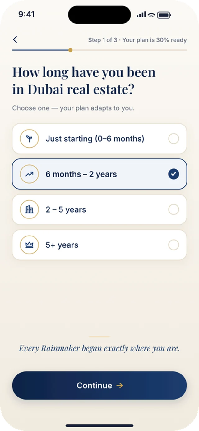 Rainmaker app quiz step asking how long you have been in Dubai real estate