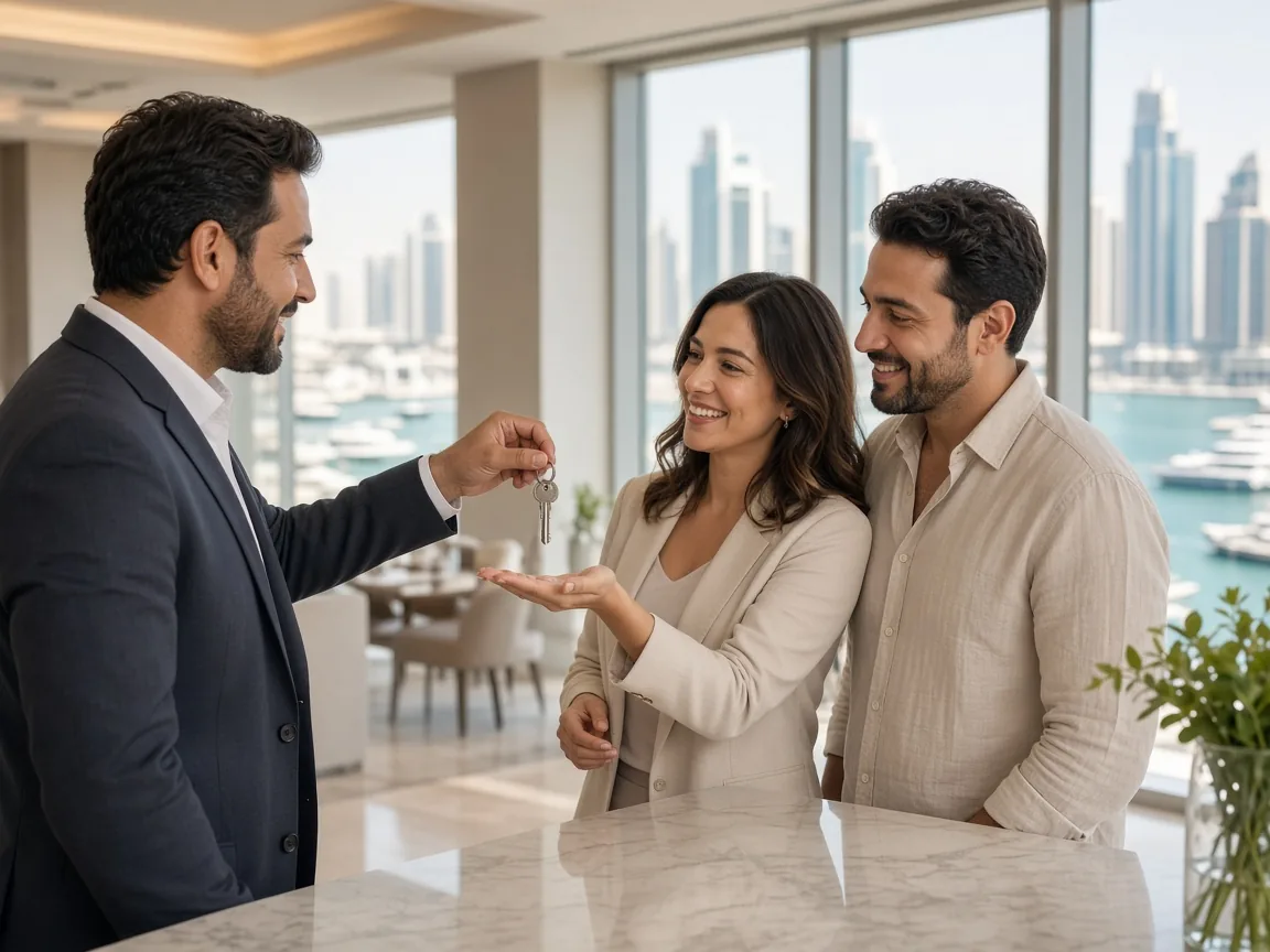 Dubai real estate agent handing keys to a happy couple in a marina view apartment