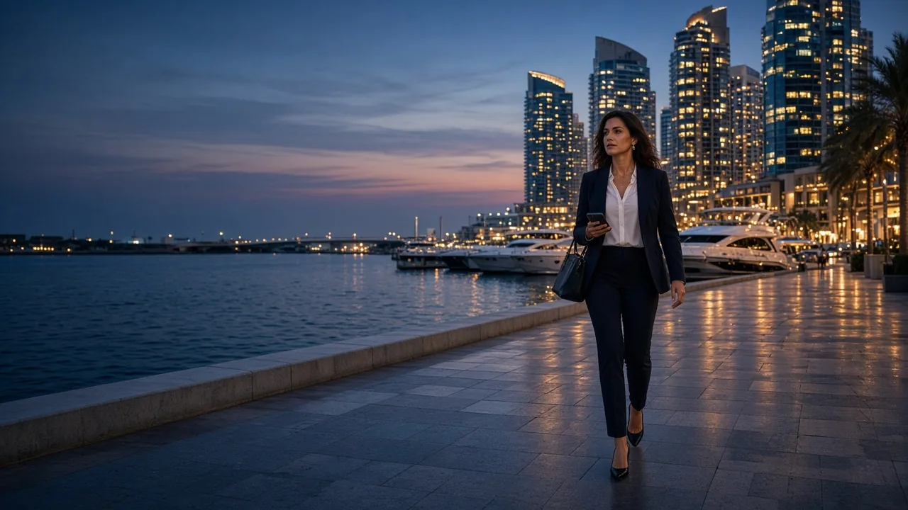 Dubai real estate agent walking along Dubai Marina at dusk