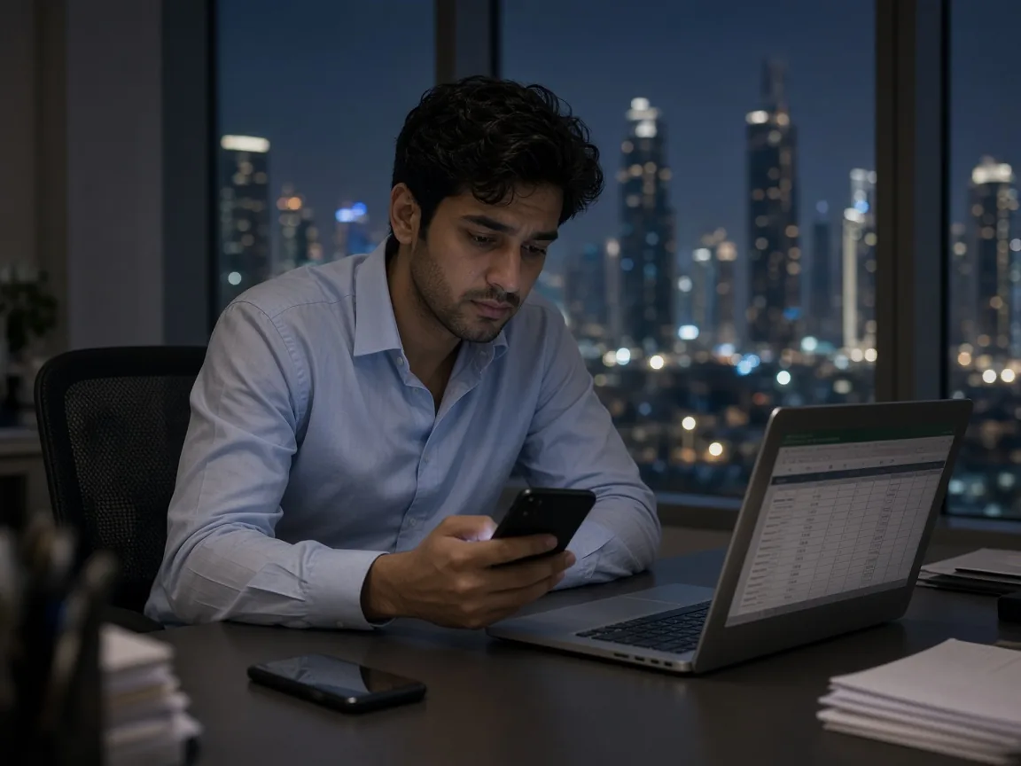 Stressed Dubai real estate agent working late at night with unanswered messages