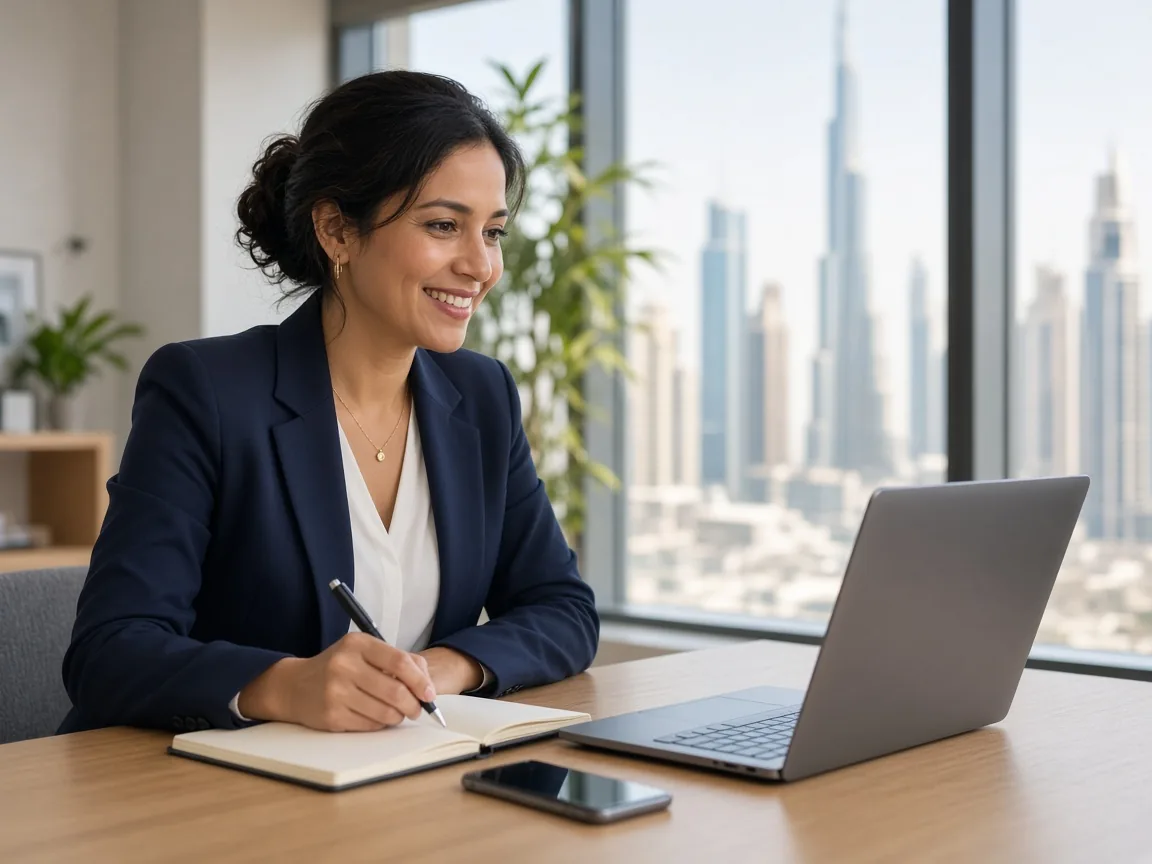 A Pod Manager mentor on a video call taking notes in a bright Dubai office