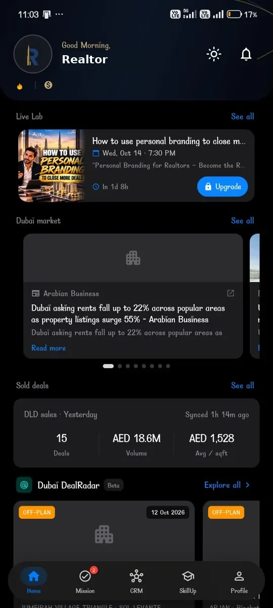 Real estate CRM Dubai: DealFlow CRM home screen in the RealtorOne app