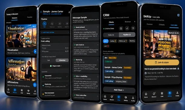 RealtorOne app screens: Daily Mission, Cold calling pipeline, message scripts, DealFlow CRM and SkillUp Live Labs