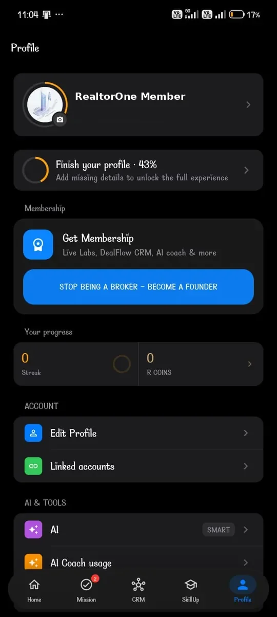 Real estate coach Dubai: realtor profile and coaching setup in the RealtorOne app