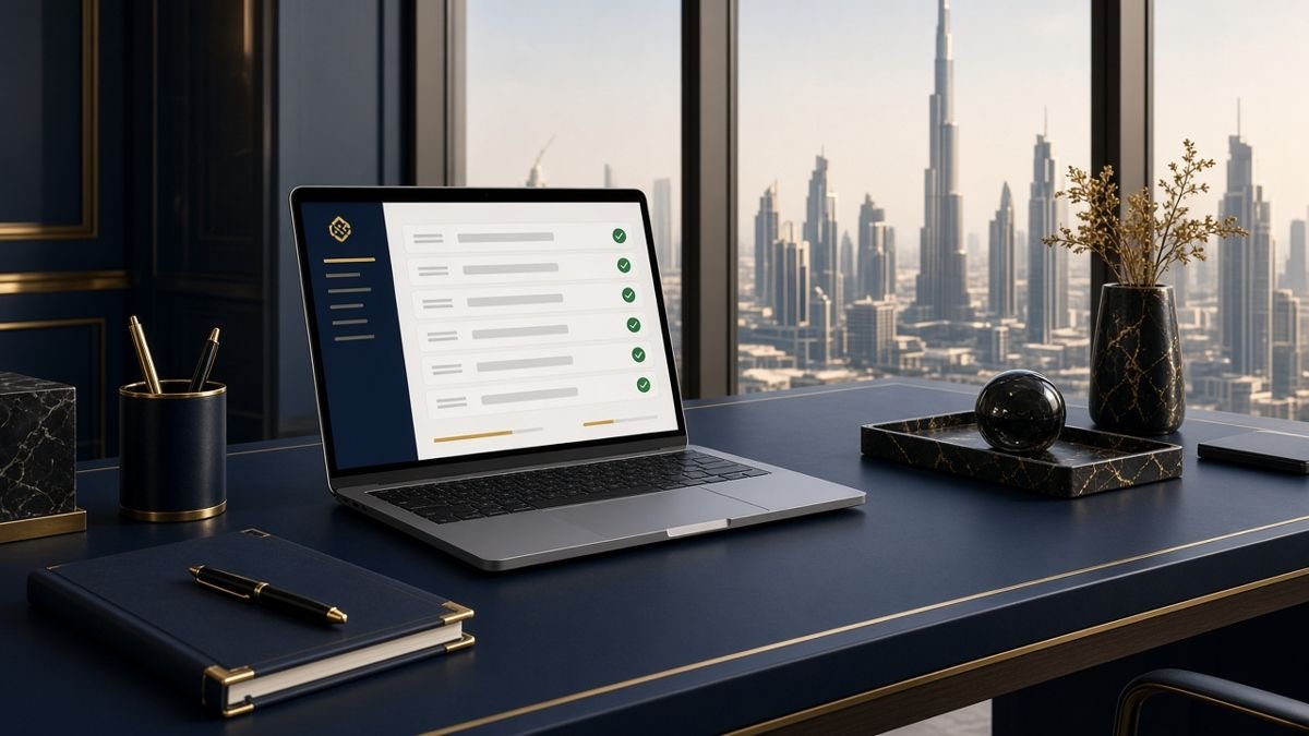 Illustration of a laptop on an office desk showing an online licence application form with a Dubai view