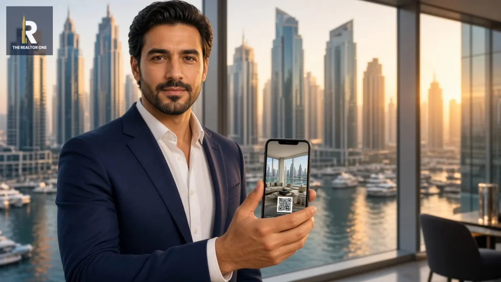 Dubai real estate agent showing a property listing with a Trakheesi permit QR code